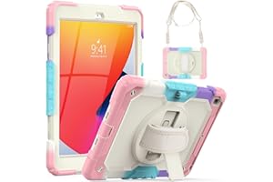SEYMCY iPad 9th/8th/7th Generation Case 10.2 inch for Kids, Full Body Shockproof with 360° Rotating Handle Stand, Screen Protector/Pencil Holder, iPad 10.2 inch 2021/2020/2019 Sturdy Case,Beige/Pink