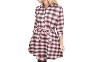 FANCYINN Mujer Plaid Cuadros de Manga Larga Túnica Tops Camisa Informal Vestido con cinturón