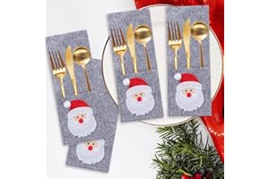 QUOHE Decoracion de Mesa Navidad, 4 Piezas Porta Cubiertos Navideños Fieltro Papa Noel Cestas Bolsa Soporte para Cubiertos, Gris Navideña Cuchillos Tenedores Cucharas Bolsita Vajilla Bolsas Adornos Navidad