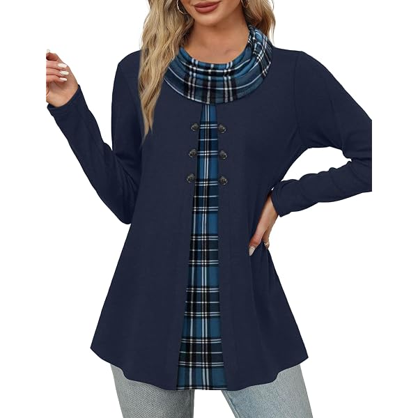 VALOLIA Women's Cowl Neck Long Sleeve Tunic Top - Loose Fit, Button Detail, Knit Fabric - View #3