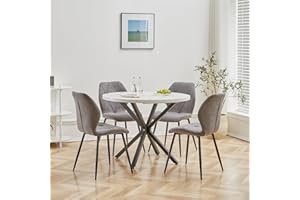 DEYARNA HOME Essgruppe 5-Teilig, 100cm Runder Esstisch und 4 Leinen-Esszimmerstühle, Esstisch und Stühle für 4 Personen, 4 Stühle & Tisch für Küche, Esszimmer und Wohnzimmer (Weiß/Schwarz+Grau)