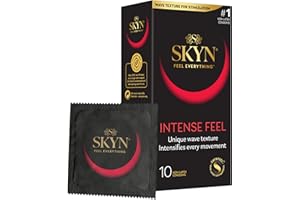 SKYN Intense Feel Condoms Pack of 10 SKYNFEEL Latex Free Condoms for Men, Regular Size, Thin, Ribbed and Dotted Straight Shape, Lubricated, 53mm Wide