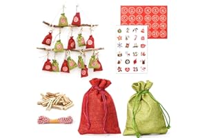DuneDesign Calendario de Adviento para rellenar - DIY 24 bolsitas de tela con guirnalda y juego de pegatinas - Calendario de Navidad para rellenar tú mismo Bolsitas de Adviento para rellenar Niños