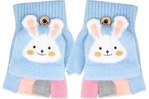 Zolunu Kinder Fingerlose Handschuhe Winter Warm Convertible Flip Top Handschuhe Weiches Strickfutter und elastische Niedlich Cartoon für Kinder Junge Mädchen 7-10 Jahre