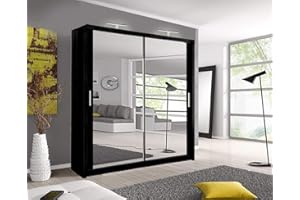 A.C. Milan German Modern Double Mirror sliding door wardrobe with LED Light Width 100cm/120cm/150cm/180cm/203cm/250cm (Black, 120 CM)