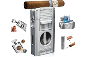 CIGAROL Mechero, 5 en 1 Mechero Soplete, 3 Llama Mechero Puros con Corta Puros en V - No Contiene Gas, Grandes Regalos para Hombres (Plata)