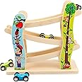 Sulfar Toddler Toys Race Track, Wooden Race Track Car Ramp Racer With 4 Mini Cars, Educational Creative Toddler Toys For 1-2 Year Old Boy And Girl Gifts
