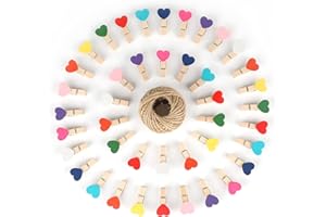 jijAcraft 100Pcs Heart Wooden Pegs: 3.5cm Colorful Mini Photo Pegs and String, Wooden Craft Photo Display Clips for Wedding, Hanging Photos, Cards, Decoration