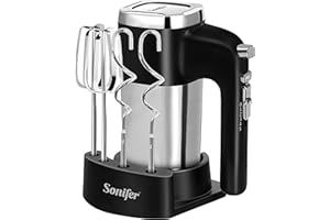 Sonifer Batidora de mano de acero inoxidable de 500 W, batidora eléctrica, batidora manual, 5 niveles más nivel turbo, diseño de botón de expulsión, apto para lavavajillas, 2 ganchos para amasar, 2