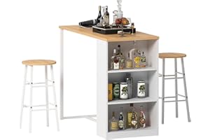 DlandHome Tavolo da bar con 3 armadietti di stoccaggio+ 2 sgabelli alti set per bar da 3 pezzi per 2 persone tavolo da pranzo per cucina/sala da pranzo/soggiorno in teak / bianco