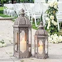 Rebecca Mobili 2 pz Portacandela Lanterne Etniche Metallo, Bianco, Per Candele Fiori, Giardino
