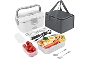 UKOFEW Scaldavivande Elettrico Portatile, 3 in 1 Acciaio Inox Scalda vivande Portatile Elettrico, Porta Pranzo Elettrico con Posate e Borsa Isolante, 1.8L Capacità Lunch Box per Auto Camion e Ufficio
