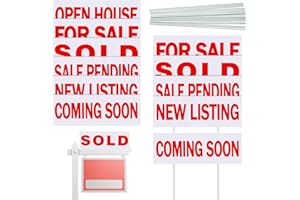 Juexica 12 Pcs Real Estate Rider Signs 6" x 17.2" Open House Signs for Real Estate Double Sided Waterproof Plastic Coming Soon Sold Sign Bundle with 24 Stakes 6 Different Messages Supplies, Red Letter