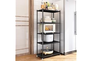 Kitstorack Estanterias Almacenaje, Estantería de Metal Resistente de 5 Niveles, Estanteria Altura Ajustable Cocina con Ruedas y Patas Antideslizantes para Garaje, Cocina, Sala de Libros, Esquina,Negro