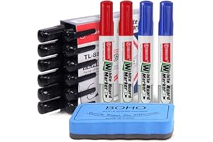 A ANGG Rotuladores Pizarra Blanca Magnetica 16 Pcs Pizarra Gruesa de Bajo Olor Marcadores de Borrado en Seco y Borrador para la Escuela, la Oficina y el Hogar Negro Azul Rojo 3 Colores