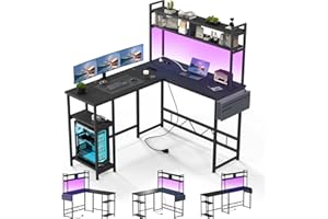 Devoko Gaming Tisch mit LED, Eckschreibtisch Gaming Schreibtisch mit 2 Steckdosen und 2 USB-Anschlüssen, Computertisch mit Aufbewahrung, Rahmen aus Stahl, 140 x 120 cm,Schwarz