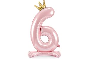 Folienballon 6. Geburtstag XXL Ballon 6 Hellrosa mit Standfuß selbststehend Ballon 6 Geburtstag Mädchen Kindergeburtstag Luftballon Zahl 6 Rosa mit goldener Krone, 84cm