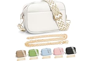 YILCER Crossbody Bag for Women, Small Leather Cross Body Bag Ladies Camera Handbag, Pom Pom London Bags Shoulder Bag with Changeable Guitar Wide Strap (2 Shoulder Straps) (B-white)