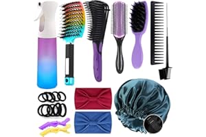 Aozzy 16 pièces Brosse à Cheveux Démêlante kit, Brosse à Cheveux Bouclés pour Cheveux Afro Naturels,ensemble de brosse à cheveux brosse démêlante ventilée Avec Vaporisateur de Coiffure Bonnet