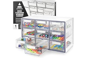 Arteza Cajonera Sobremesa de 9 Cajones, Organizador de Almacenamiento, Cajones de Plástico con topes, Color Gris, para Maquillaje y Materiales de Arte, [41 x 23,6 x 24,9 cm]
