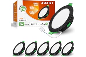 ‎ALUSSO ALUSSO LED Einbaustrahler 230V Schwarz Flach, 7W 580LM Dimmbar IP44 Bad Einbauleuchten LED Spots, Warmweiß 3000K Neutralweiß 4000K Kaltweiß 6500K Einbauspots für Wohnzimmer Badezimmer Küche, 6er Set