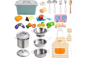 ALEENFOON Kids Kitchen Pretend Play Toys - Cooking Set with Cooktop, Pots, Pans, Glove, Apron, Chef Hat & Play Food - Gift for Boys & Girls