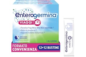 Enterogermina Viaggi, Vitamina b12, Vitamina d, Fermenti Lattici Probiotici, per Adulti - Integratori per Flora Intestinale in Viaggio, Stanchezza e Sistema Immunitario (24 Bustine Gusto Fragola)