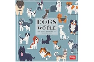 Legami Kalendarz ścienny na rok 2026, psy świata, kalendarz ścienny na 12 miesięcy, planer roczny w języku angielskim, miejsce na notatki, znaki zodiaku, święta międzynarodowe, 18 x 18 cm