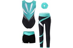 Miutii 4tlg.Mädchen Turnanzug Glitzer Gymnastikanzug mit Shorts Hose und Haargummi Ärmellos Ballettanzug Gymnastik Leotard Eislaufen Tanzkostüm