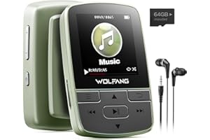 WOLFANG Lecteurs MP3 64 Go avec Bluetooth 5.2, Clip Sport, Taille Mini, Poids 28,3 g, Radio FM HiF, enregistreur Vocal, écouteurs Inclus, Vert Kaki