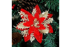 Veryhome 24pcs Poinsettia Christmas Decorations Artificial Poinsettia Flowers Heads Red Glitter Ornaments for Christmas Tree Decorations (Red)