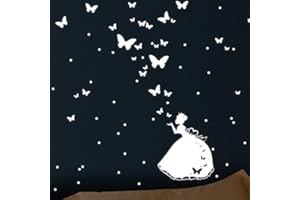 WANDTATTOO-LOFT Wandtattoo Loft Leuchtsticker Kinderzimmer, Prinzessin mit Schmetterlingen und Punkten, 91 Stück, Selbstklebende und Fluoreszierende Aufkleber, Leuchtaufkleber Kinderzimmer, Leuchtende Aufkleber