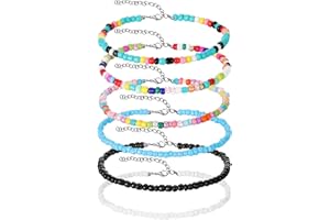 Otuuz 6 Pcs Handmade Beaded Anklets Multilayered Boho Anklets Colorful Anklets for Women Ankle Chain Foot Jewelry Adjustable Elastic Thread Gifts for Beach Vacation Women Girls