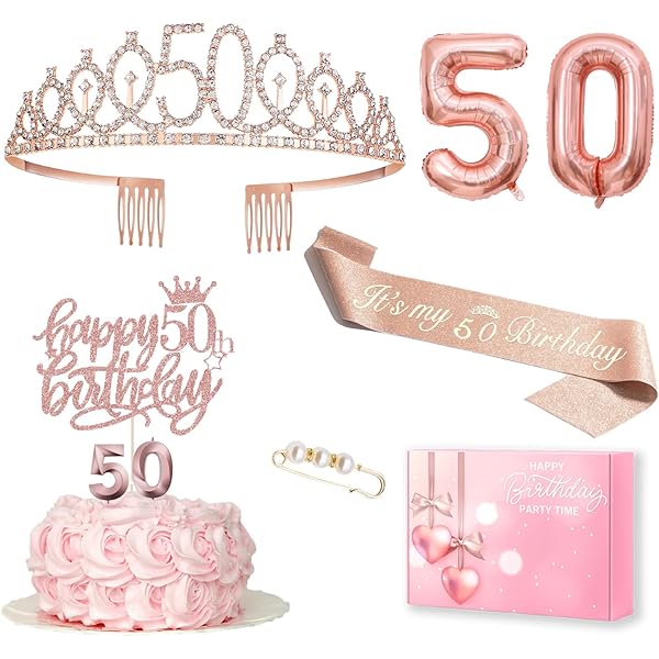 Verjaardag sjerp en kroon tiara set, 50e verjaardag Tiara strass kroon hoofdband voor vrouwen, gepersonaliseerde sjerpen verjaardagsdecoraties voor meisjes volwassenen, ideale verjaardagsset en feestbenodigdheden (goud