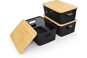 LYLIDIA Aufbewahrungsbox mit Bambus Deckel Klein 3 Stück 5L Aufbewahrungsbox Bad Box mit Deckel Schwarz Badezimmer Organizer 25x18x10cm Plastikbox Küche Ordnungsboxen Körbe Behälter Stapelboxen