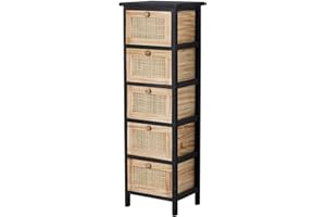 Home Source Chest of Drawers, Wooden Bedroom Organiser Storage Unit, Black with Woven Rattan Drawers, 5 Drawer