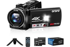 ORDRO Camcorder 4K, 64MP Vlogging Camera with 18X Digital Zoom, LED Fill light, 3.0 Inch Screen, IR Night Vision, Vlogging Camera for YouTube with Tripod and Two Batteries