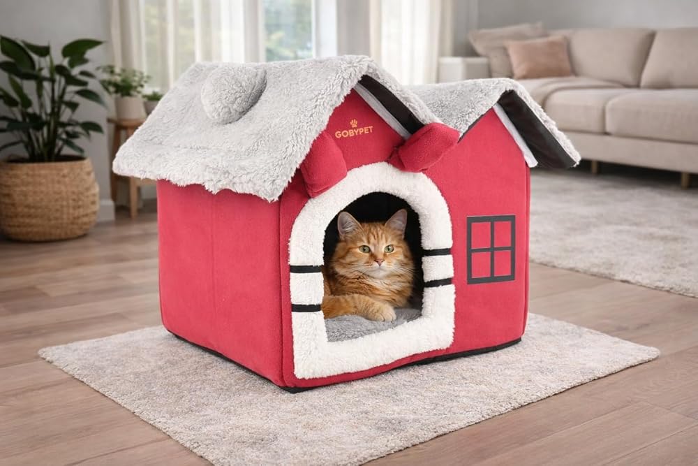 GOBYPET 2 Çatılı Katlanabilir Kedi Evi ve Küçük Irk Köpek Yatağı – Fermuarlı Çıkarılabilir Üst Bölüm, Minderli Peluş İç Mekan Kedi Yuvası, Taşınabilir Kulübe - Kırmızı