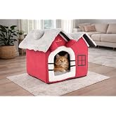 GOBYPET 2 &Ccedil;atılı Katlanabilir Kedi Evi ve K&uuml;&ccedil;&uuml;k Irk K&ouml;pek Yatağı &ndash; Fermuarlı &Ccedil;ıkarılabilir &Uuml;st B&ouml;l&uuml;m, Minderli Peluş İ&ccedil; Mekan