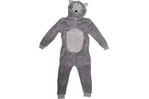GladRags Boys Girls Kids Wolf Onesie Hooded Fleece Animal Jumpsuit Playsuit Character Soft Hooded, Age 2-12 Years