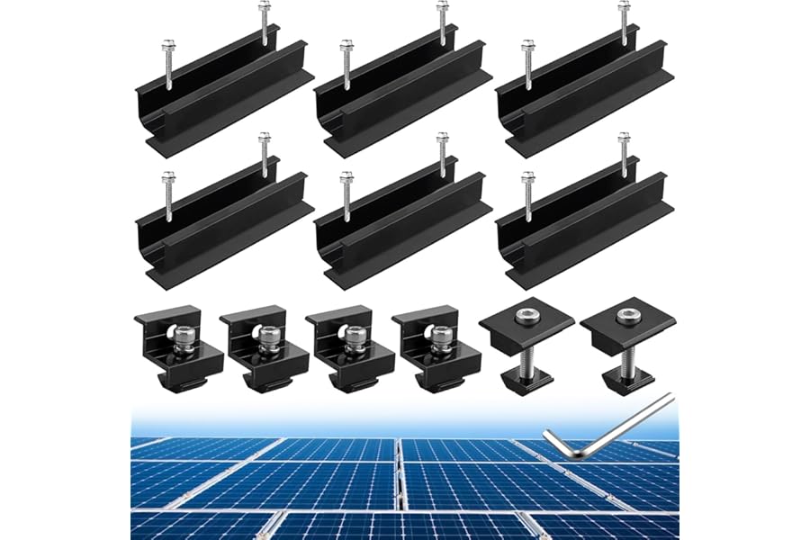 Anbte 6Pcs Solar Panel Mounting Kit, Aluminium 120 mm Solar Panel Mounting Rail & 30mm/35mm End Clamp & Mid Clamp, Solar Panel Mounting Brackets for Metal Roof, Tin Roof, Flat Roof, Sheet Roof, Black