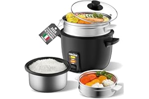 MIHOHO Cuociriso, cuociriso da 2 litri con vaporiera, cuociriso con pentola interna antiaderente, prepara zuppe, stufati, cereali, funzione di mantenimento in caldo (nero B)