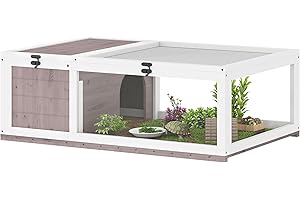 PawHut Maison enclos Cage Habitat pour Petit Animal Tortues avec 2 espaces 91 x 60,5 x 32 cm Bois Massif Marron Clair