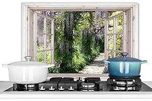 KitchenYeah© Pannello Paraschizzi Cucina Alluminio 60x40 cm para Schizzi per Piano Cottura Parete Cucine Glicine - Fiori - Trasparente - Albero - Primavera