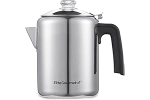 Elite Gourmet EC008 Classic - Percolador de café para estufa, perilla de progreso de infusión transparente, mango de tacto frío, servicio inalámbrico, 8 tazas, acero inoxidable