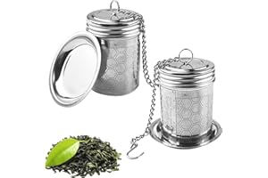 Fervalyna 2 piezas Colador de Té de Acero Inoxidable 304, Filtro Infusiones Té, Infusor de Te, Filtros Coladores de Té con Cadena Larga y Bandeja de Goteo Redonda para Teteras, Tazas y Botellas de Té