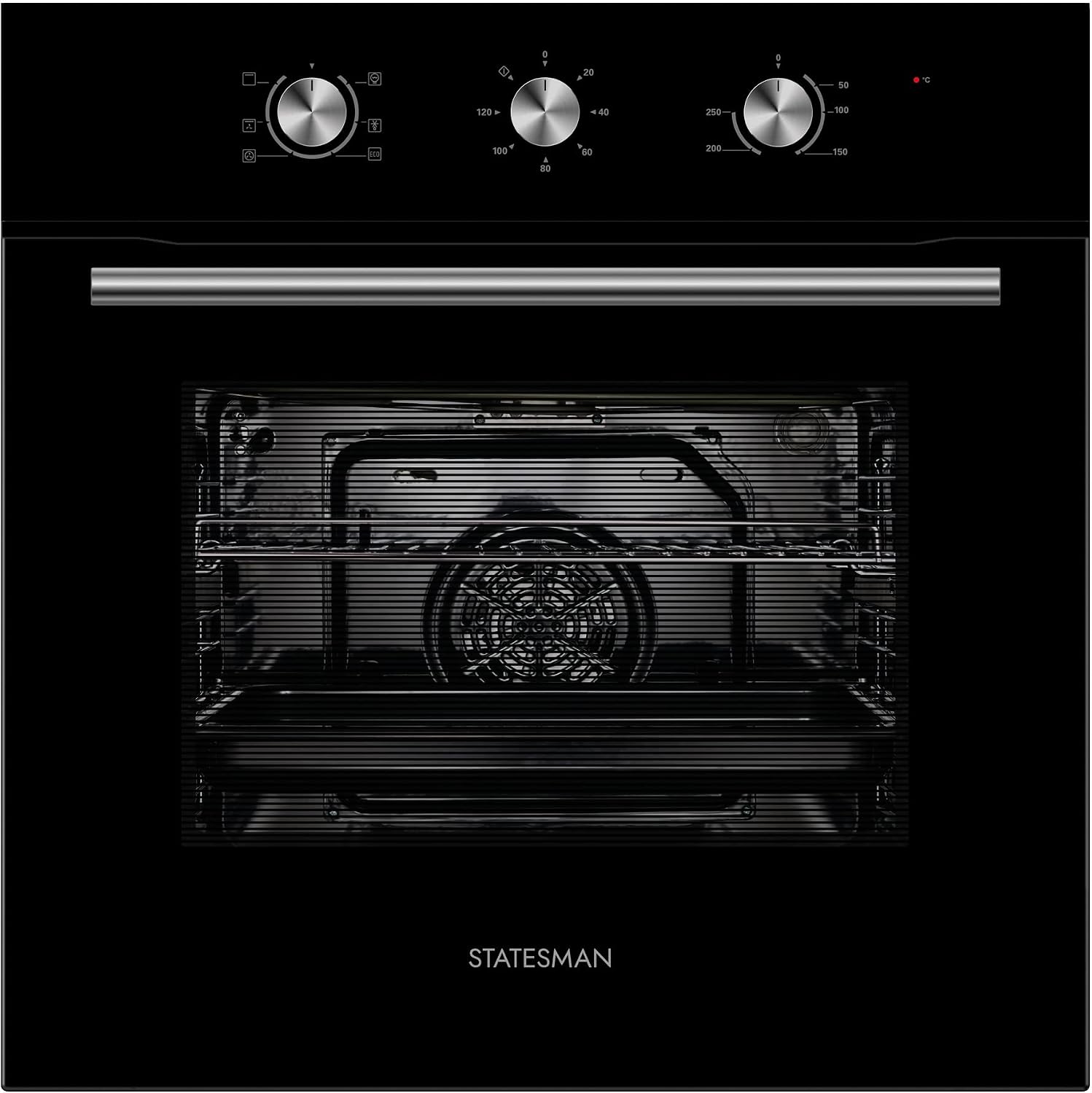 Statesman BSF160BL Built-In Single Cavity Fan Oven, 4 Cooking Functions, 2 Hour Timer, 70L, Black