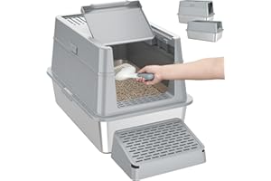 Lifewit Katzenklo Edelstahl mit Deckel，Katzenklo Groß Katzentoilette XXL Katzenklo Geschlossen für Große Katzen, Front-Eingang-Ausgang Katzentoiletten-Metallstreu-Box mit Schaufel & Pedal, Grau