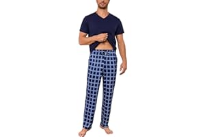Bresdk Pyjama Homme Coton Ensembles de Pyjamas Long Vêtements de Nuit Manches Courtes Pantalon Pijamas Grande Taille