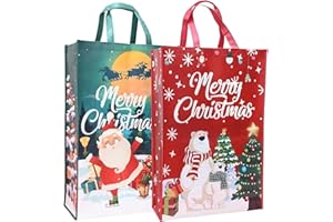 TOPEEDY 2 Packs Xmas Gift Bags,Red And Green Reusable Tote Bags With Handles For Holiday Christmas Party, 60cm*40cm Christmas Shopping Bag For Present
